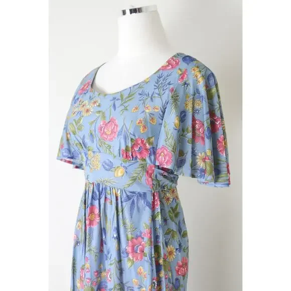 Vintage 1970s Prairie Floral Maxi Dress Flutter Sleeve Empire Waist Tie Blue - Picture 5 of 12